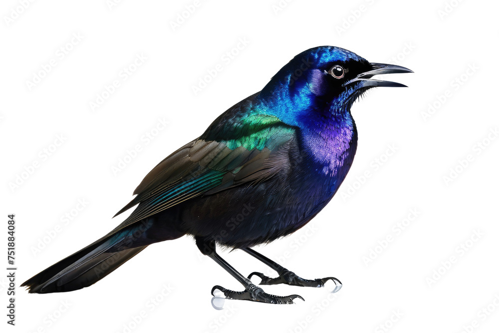 Fototapeta premium Common grackle bird, full body, high quality stock photograph, isolated on white background, feathers shimmering with iridescent purple and blue, yellow piercing eyes, natural light, ultra clear