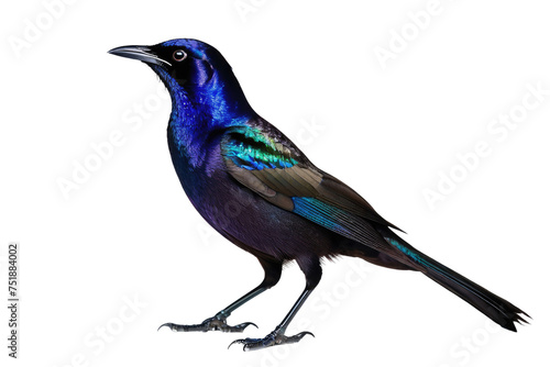 Common grackle bird, full body, high quality stock photograph, isolated on white background, feathers shimmering with iridescent purple and blue, yellow piercing eyes, natural light, ultra clear