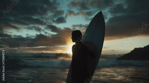 Silhouette of a lone surfer gazing at the sunset over the ocean