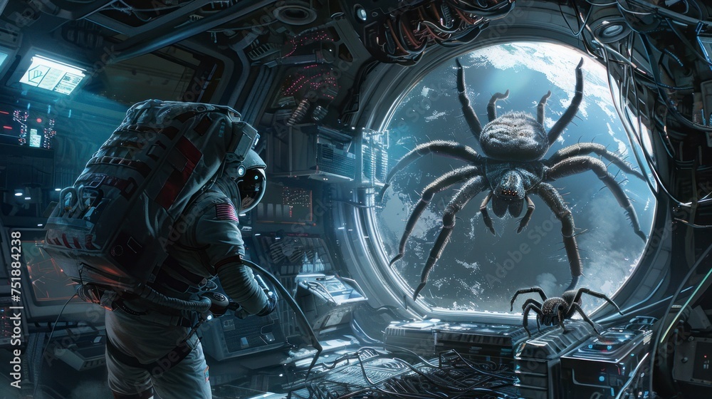 astronaut in a ship with a giant spider in space inside the ship in ...