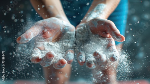 Close-up of hands clasping white chalk powder, prepping for a climb, with particles suspended in air