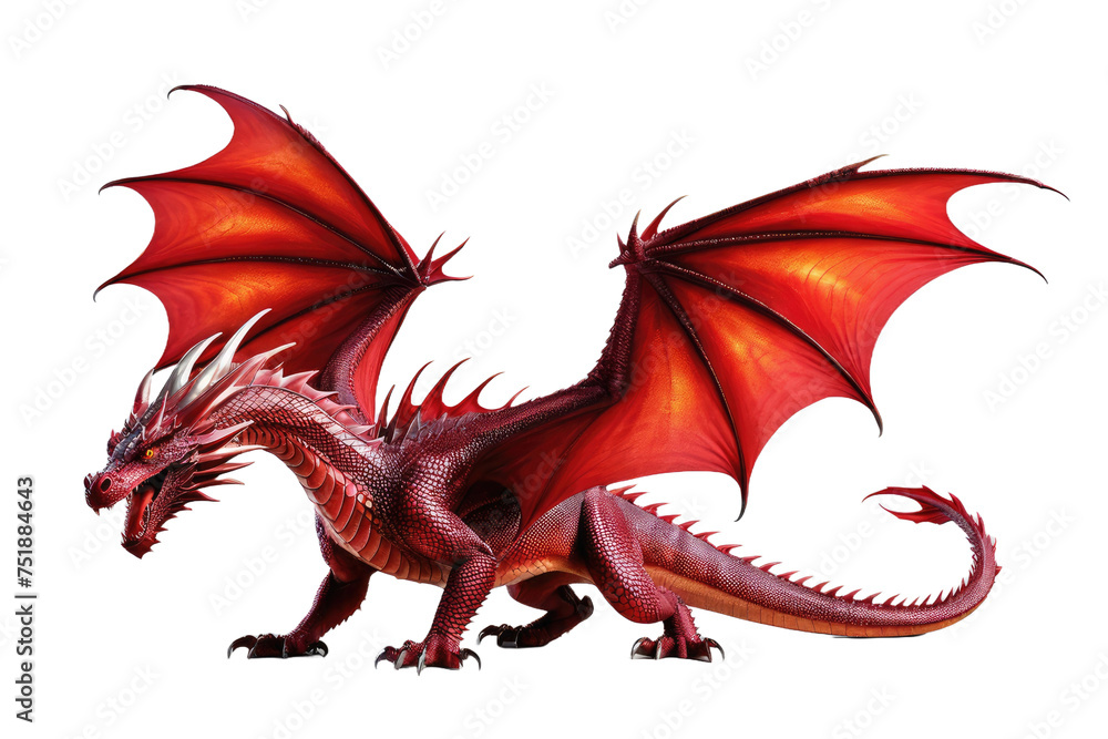 Fantasy ruby red dragon, full body, isolated on white background, scales glistening with a subtle iridescence, wings partially unfurled, tail curling gracefully at its side Fantasy ruby red dragon, full body, isolated on white background, scales glistening with a subtle iridescence, wings partially unfurled, tail curling gracefully at its side