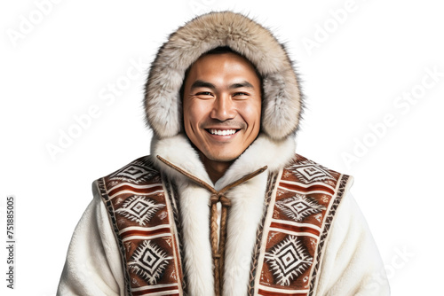 Happy Eskimo man, full body shot, centered, isolated on a white background, stock photo aesthetic, natural light, warm smile, traditional clothing, culturally authentic details, high-resolution image