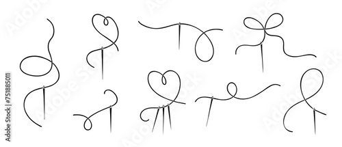 Set of silhouettes of needles and threads. Various tools for needlework. Vector graphics.