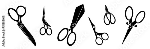 Set of silhouettes of scissors.Various tools for needlework.Vector graphics.