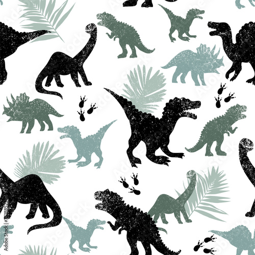 Grunge seamless pattern with silhouette dinosaurs and leaves on white background. Print for boys	