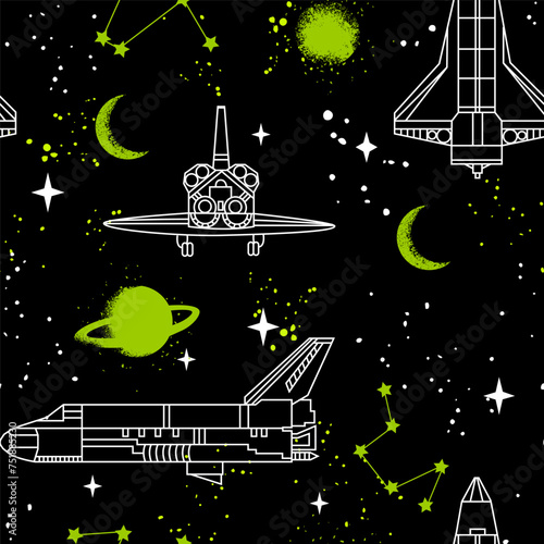 Hand drawn space seamless pattern.  Vector doodle illustration. Background for boys with cartoon rockets, planets, stars, spaceship