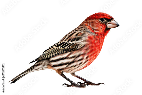 House finch, full body, vivid colors, isolated on white background, high-resolution stock photo, crisp definition, detailed texture of feathers, soft shadow beneath, clear and sharp eye contact