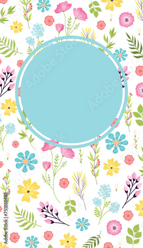 Floral invitation card template design, spring flowers leaves central blue co...
