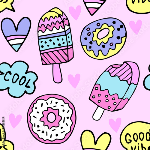 Set of cute stickers and different elements with donuts, ice cream, hearts. Girlish stickers in bright colors isolated on violet background. Fashion patches