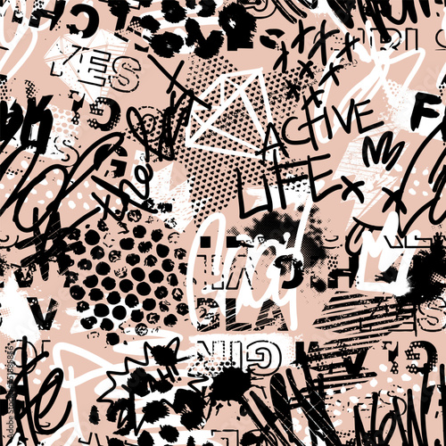 Abstract seamless chaotic pattern with urban graffiti words, scuffed and sprays. Grunge texture background. Wallpaper for girls. Fashion sport style