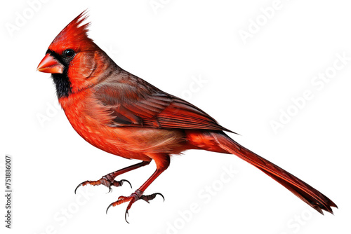 Northern Cardinal bird standing in profile, feathers ruffled, isolated on a white background, high key lighting, stock photography, ultra fine detail