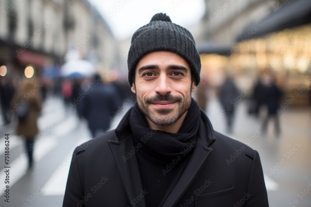 Portrait of a handsome bearded man in a black coat and a hat on the street Portrait of a handsome bearded man in a black coat and a hat on the street