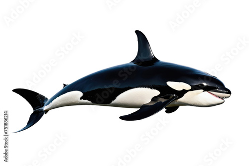 Orca  full body  gliding  isolated on white background  high-resolution stock photo  sharp detail on skin texture  contrasting black and white coloration highlighted