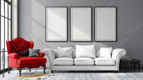 Living room featuring a white sofa and red armchair, accentuated by blank posters on the wall