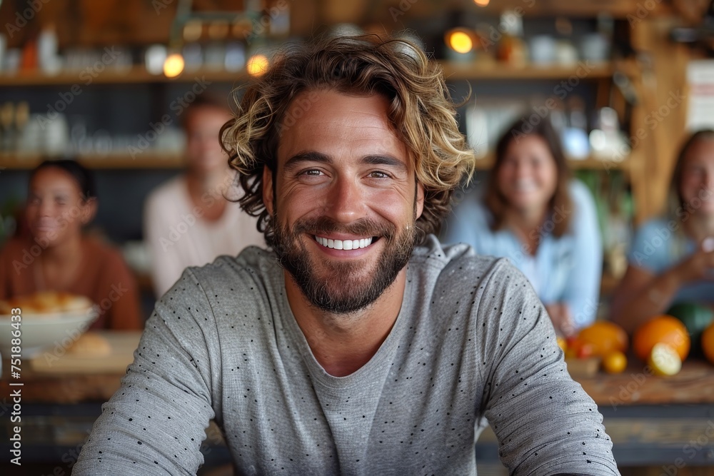 A charismatic man with a beard smiles warmly at a cozy cafe setting with blurred people socializing behind A charismatic man with a beard smiles warmly at a cozy cafe setting with blurred people socializing behind