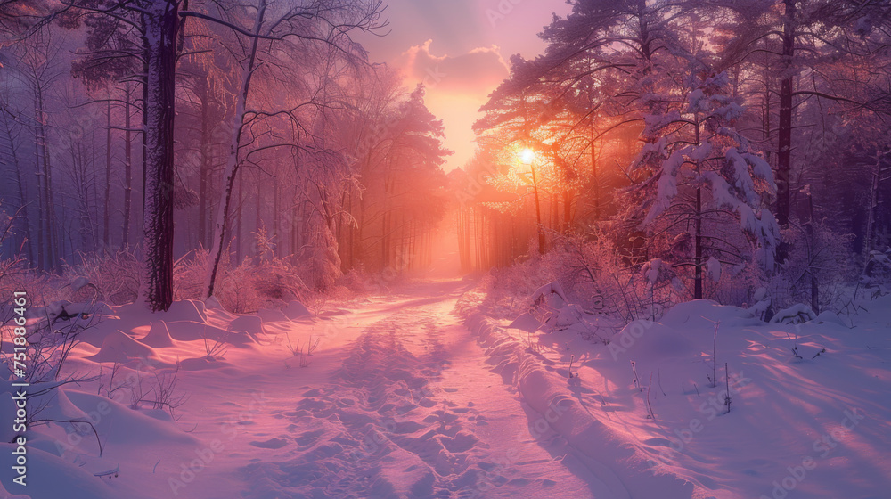 winter panorama landscape with forest, trees covered snow and sunrise. winterly morning of a new day. purple winter landscape with sunset, panoramic view. winter panorama landscape with forest, trees covered snow and sunrise. winterly morning of a new day. purple winter landscape with sunset, panoramic view.