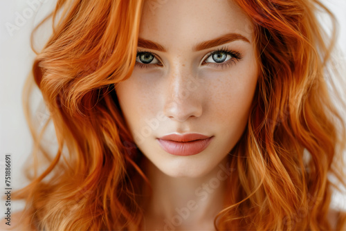 A close-up portrait of a woman with striking red hair and green eyes, her freckles accentuating her natural beauty.