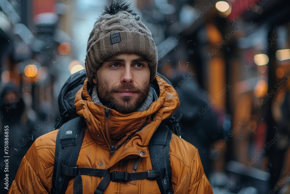 A serene man in a winter coat and wool hat stands amidst a city landscape as snowflakes fall around him A serene man in a winter coat and wool hat stands amidst a city landscape as snowflakes fall around him