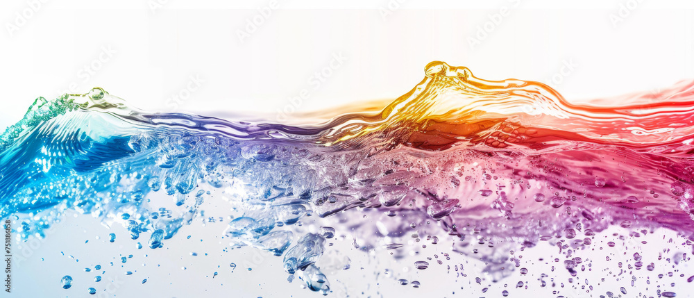 Sunset reflecting on rippling water surface, showing the spectrum of light and the colors of the rainbow. Isolated in white background.