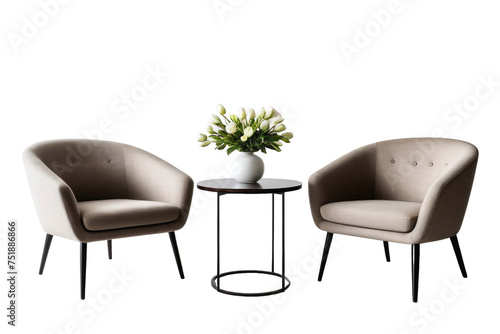 Two armchairs, isolated, high quality stock photograph, white background, emphasizing textures and materials of the upholstery, casting soft shadows, high-key lighting