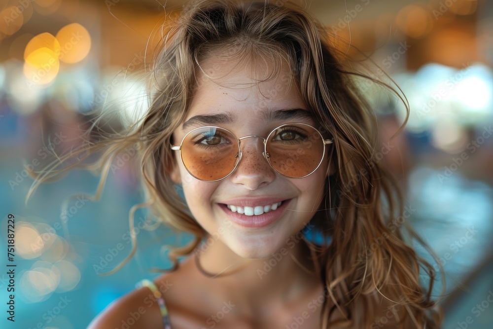 Cheerful young girl with wavy hair and sunglasses smiles at the camera at a vibrant and colorful location Cheerful young girl with wavy hair and sunglasses smiles at the camera at a vibrant and colorful location