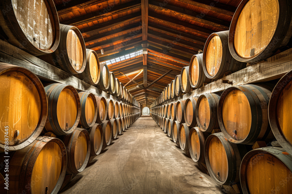 A long cellar or hall with wooden barrels on the sides with wine or beer with a long corridor
