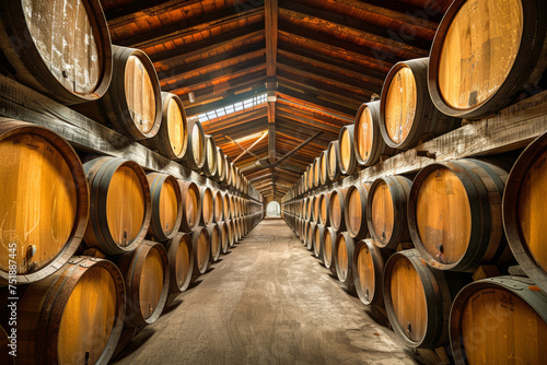 A long cellar or hall with wooden barrels on the sides with wine or beer with a long corridor
 photo