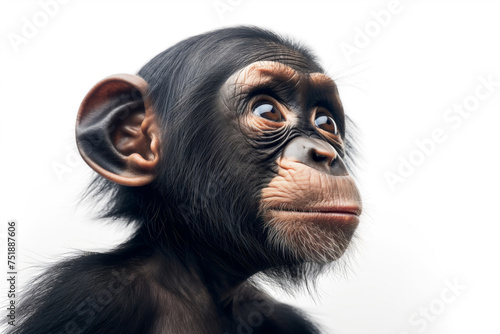 A captivating close-up of a young chimpanzee with a thoughtful expression, showcasing detailed facial features and large ears. © Enigma