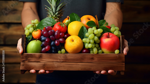 Person holding a basket of fresh fruits. Healthy life concept. Food composition.