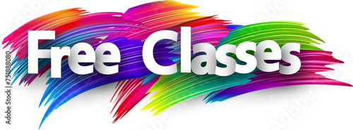 Free classes paper word sign with colorful spectrum paint brush strokes over white. Vector illustration