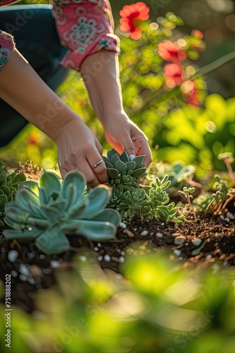 Gardening with Love: Authentic Photo of a Woman Replanting Succulents on Plant Appreciation Day, Backdrop of Lush Greenery and Blossoms, Morning Sun Glow