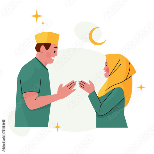 Vector of muslim man and woman greeting each other with islamic culture or salam