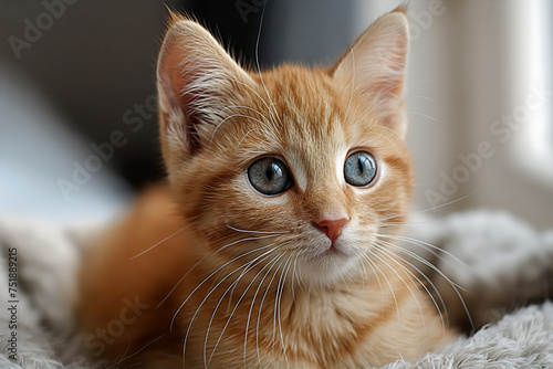 A ginger kitten with striking blue eyes lies comfortably, looking forward with a soft, curious expression. © Enigma