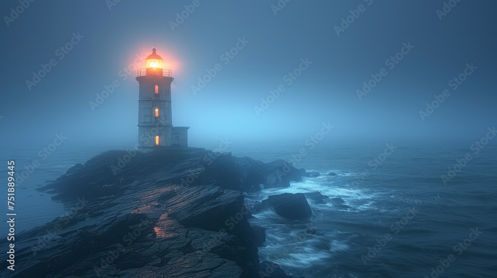 A tower beacon lights up the oceans horizon at dusk
