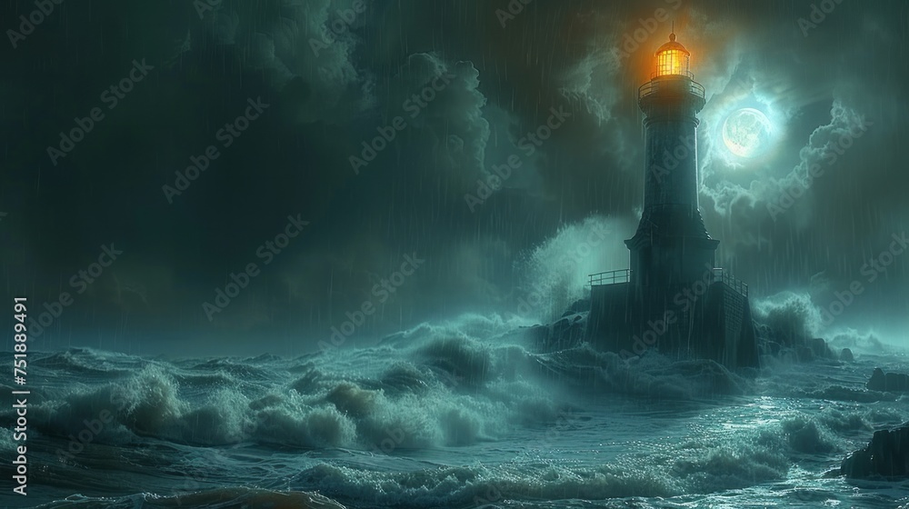 A lighthouse illuminates the dark ocean night, piercing through the cloudy sky