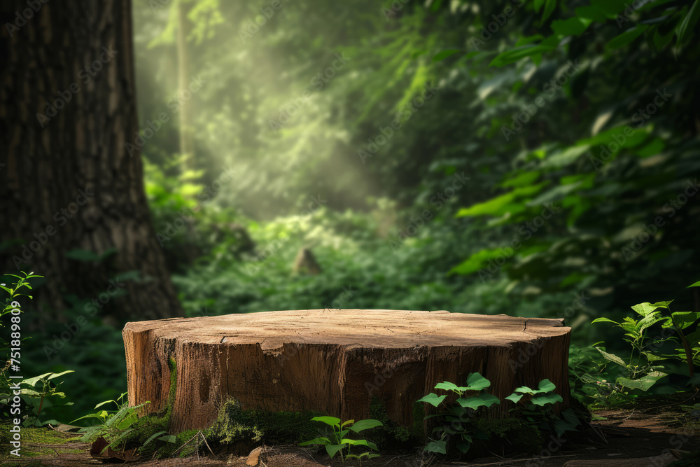 Empty forest space with space for a product on a stump among the forest or trees
