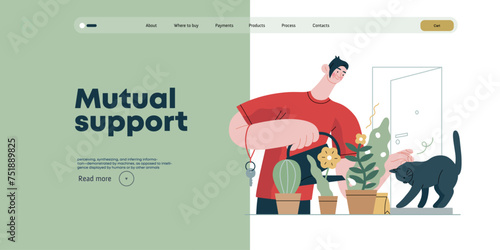 Mutual Support: Look after neighbor's house -modern flat vector concept illustration of man watering plants, looking after neighbors' cat A metaphor of voluntary, collaborative exchanges of services photo