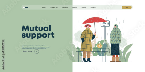 Mutual Support: Offer an umbrella to a stranger -modern flat vector concept illustration of a at a bus stop in the rain offering an umbrella A metaphor of voluntary, collaborative exchanges