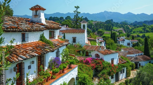 Cluster of white houses with red tile roofs atop a hill