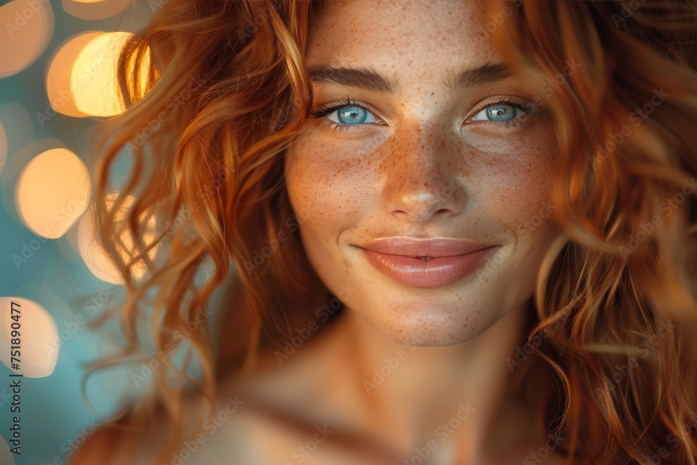 The image features a radiant redhead with curly hair, piercing blue eyes, and a warm smile against a soft background The image features a radiant redhead with curly hair, piercing blue eyes, and a warm smile against a soft background