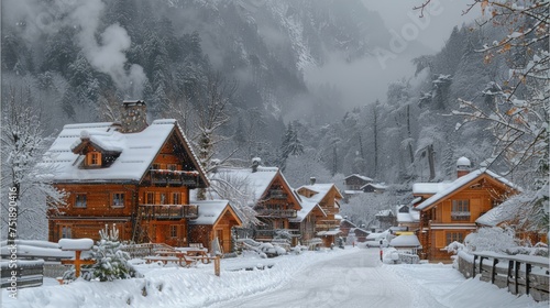 Snowcovered village with houses and trees in a picturesque winter landscape