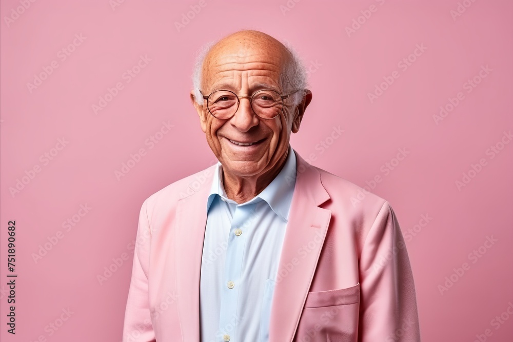 Portrait of a happy senior man smiling at the camera against a pink background
