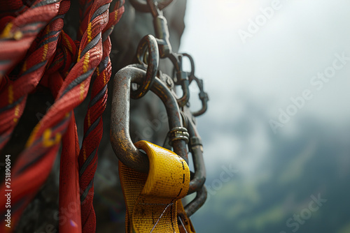 Climbing carabiners with ropes attached in the rock in the mountains, safe climbing in the mountains, selective focus
