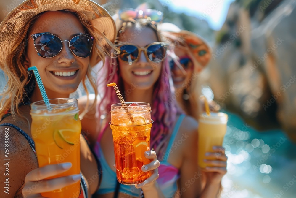 Group of joyful friends showing their summer drinks to the camera at a beach party Group of joyful friends showing their summer drinks to the camera at a beach party