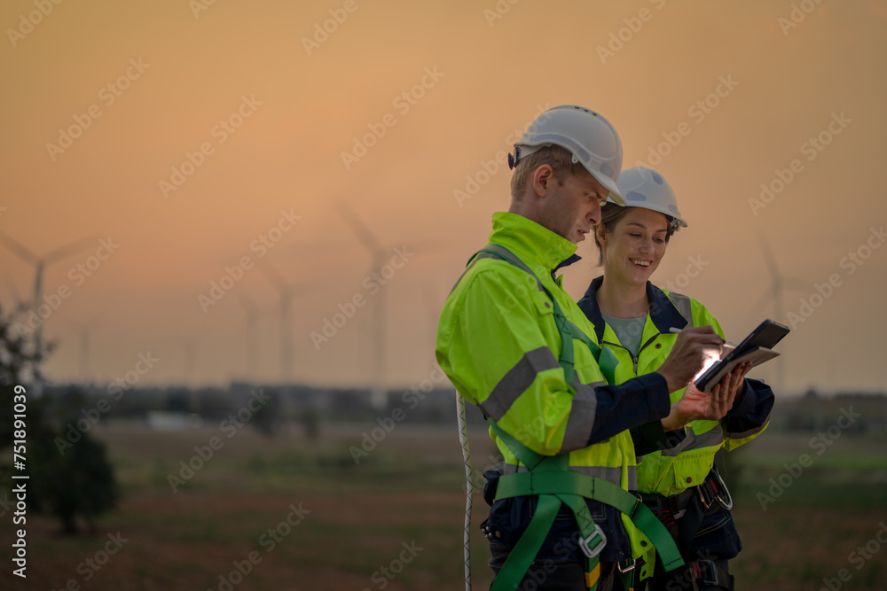 Team Engineers men and woman checking and inspecting on construction with sunset sky. people operation. Wind turbine for electrical of clean energy and environment. Industrial of sustainable. Team Engineers men and woman checking and inspecting on construction with sunset sky. people operation. Wind turbine for electrical of clean energy and environment. Industrial of sustainable.