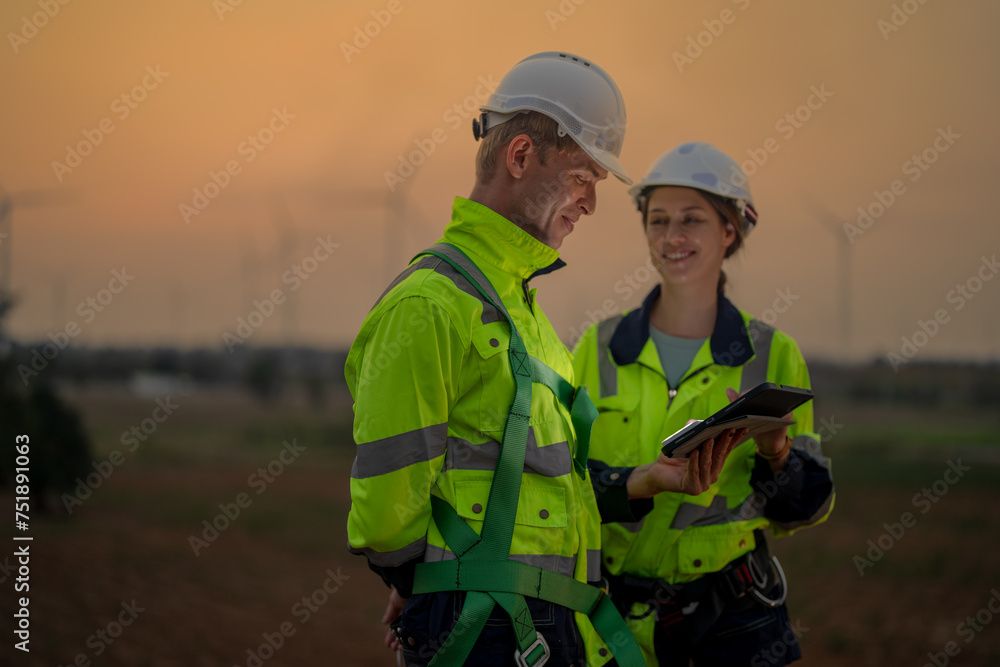 Team Engineers men and woman checking and inspecting on construction with sunset sky. people operation. Wind turbine for electrical of clean energy and environment. Industrial of sustainable. Team Engineers men and woman checking and inspecting on construction with sunset sky. people operation. Wind turbine for electrical of clean energy and environment. Industrial of sustainable.