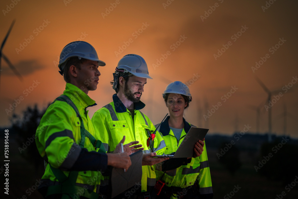 Team Engineers men and woman checking and inspecting on construction with sunset sky. people operation. Wind turbine for electrical of clean energy and environment. Industrial of sustainable. Team Engineers men and woman checking and inspecting on construction with sunset sky. people operation. Wind turbine for electrical of clean energy and environment. Industrial of sustainable.