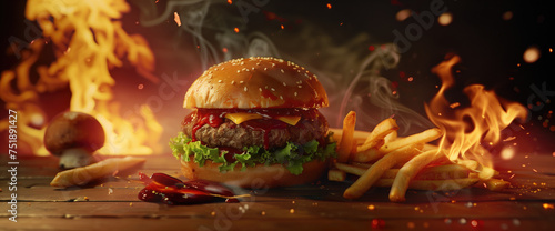 Flame grilled burger with real flames and fries