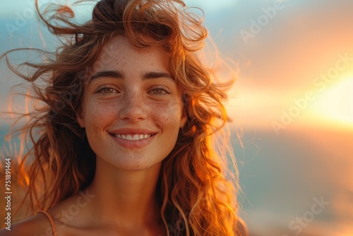 Sunset glow illuminates the happy face of a freckled young woman